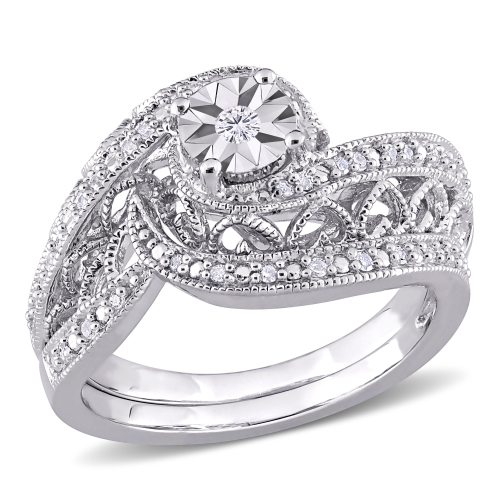 AMOUR  1/5 Ct Tw Diamond Vintage Bridal Set -Size 7 In Silver