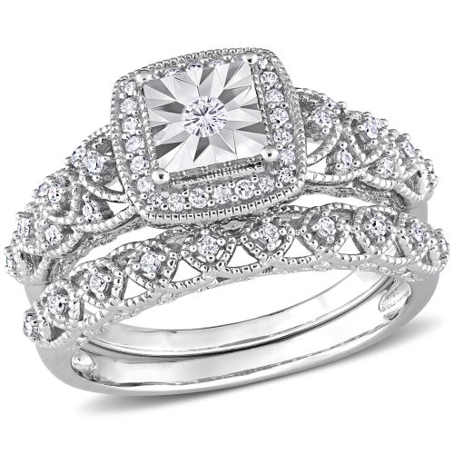 AMOUR  1/3 Ct Tw Diamond Halo Bridal Ring Set - Size 8 In Silver