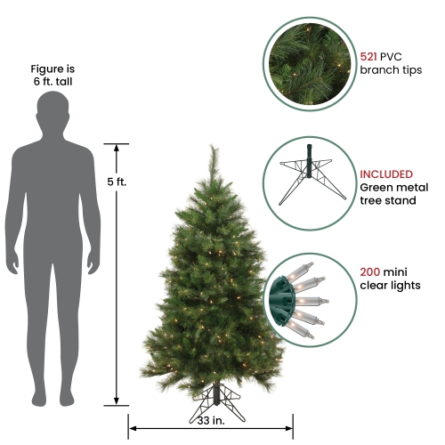 Pin de castor illuminé, moyen, vert, 5 pi, arbre de Noël artificiel, lumières transparentes