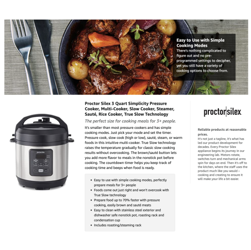 Proctor-Silex Simplicity Autocuiseur électrique 4 en 1, 3 pintes multifonction avec cuisson lente, vapeur, sauté, riz, acier inoxydable