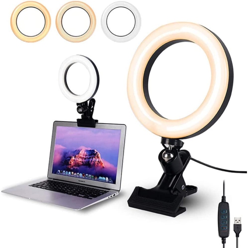 Trousse d'éclairage pour vidéoconférence, anneau lumineux à intensité réglable LED Lampe de conférence avec zoom pour travailler à distance/Diffusion