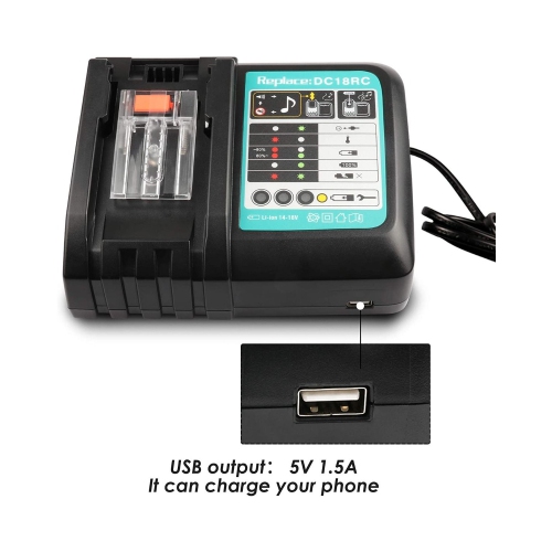 DC18RC 18&nbsp;V Chargeur de batterie de rechange pour Makita 18&nbsp;V Lithium ion LED compatible avec Makita 14,4&nbsp;V - 18&nbsp;V