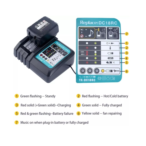 DC18RC 18&nbsp;V Chargeur de batterie de rechange pour Makita 18&nbsp;V Lithium ion LED compatible avec Makita 14,4&nbsp;V - 18&nbsp;V