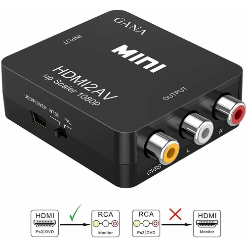 HDMI to AV Converter 1080p HDMI to 3RCA /AV/CVBS Composite Video Audio Adapter Supporting PAL/NTSC with USB Charge Cable for TV/VHS/PC/Laptop/Xbox/HD