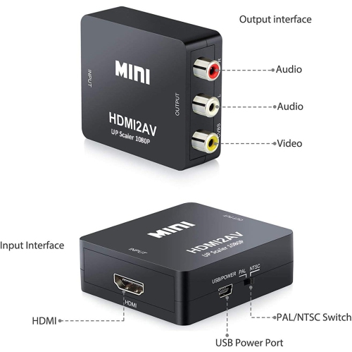 HDMI to AV Converter 1080p HDMI to 3RCA /AV/CVBS Composite Video Audio Adapter Supporting PAL/NTSC with USB Charge Cable for