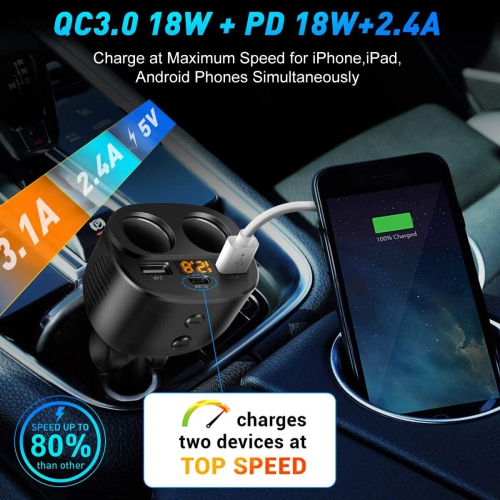 Chargeur USB-C pour l’auto, 2 prises pour allume-cigare, répartiteur 12 V, 80 W