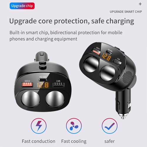 Chargeur USB-C pour l’auto, 2 prises pour allume-cigare, répartiteur 12 V, 80 W