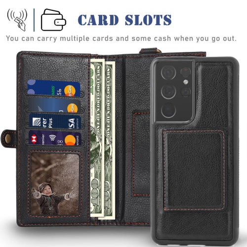 For Galaxy S21 S21+ S21U Detachable Leather Wallet Case with Card Slots & Zipper