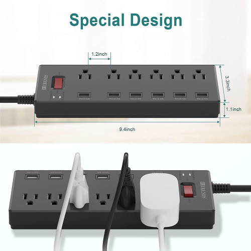 Barre d’alimentation, parasurtenseur à 6 prises avec 6 ports de chargement USB, multiprise de 1625 W/13A pour plusieurs appareils