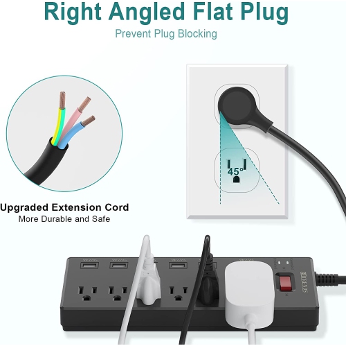 Barre d’alimentation, parasurtenseur à 6 prises avec 6 ports de chargement USB, multiprise de 1625 W/13A pour plusieurs appareils