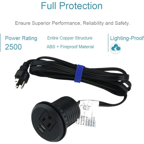 Desk Power Grommet Outlet with USB Port, Recessed Power Strip Socket, Power Plug Grommet with Outlet, 2 USB Charging