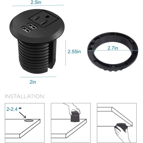Desk Power Grommet Outlet with USB Port, Recessed Power Strip Socket, Power Plug Grommet with Outlet, 2 USB Charging