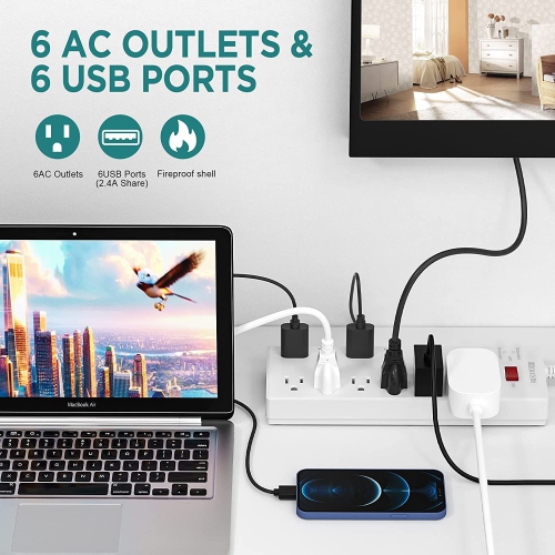 Power Bar, Power Strip Surge Protector 6 Outlets with 6 USB Charging Ports, 1625W/13A Multiplug for Multiple Devices