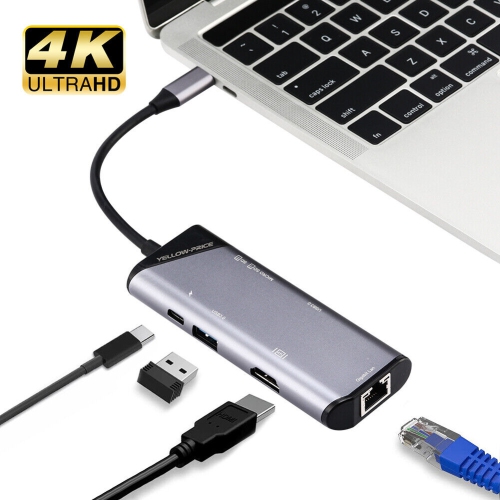 Concentrateur USB-C en aluminium avec HDMI 4K, Thunderbolt 3, USB 3, lecteur de cartes, Ethernet RJ45