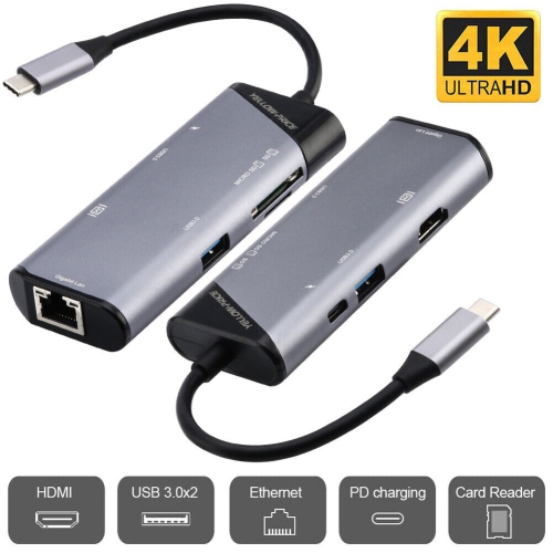 Concentrateur USB-C en aluminium avec HDMI 4K, Thunderbolt 3, USB 3, lecteur de cartes, Ethernet RJ45