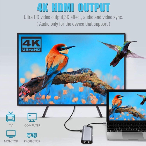 Concentrateur USB-C en aluminium avec HDMI 4K, Thunderbolt 3, USB 3, lecteur de cartes, Ethernet RJ45