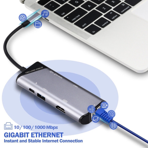 Concentrateur USB-C en aluminium avec HDMI 4K, Thunderbolt 3, USB 3, lecteur de cartes, Ethernet RJ45