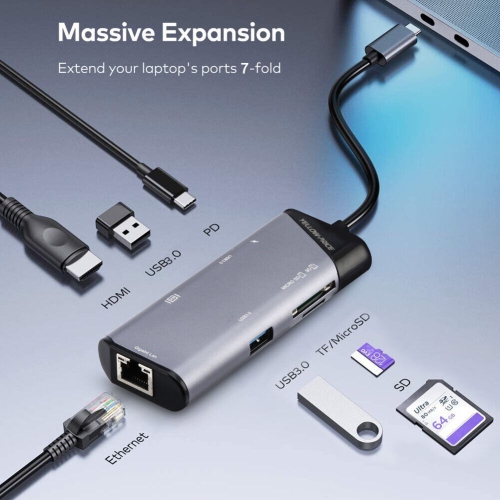 Concentrateur USB-C en aluminium avec HDMI 4K, Thunderbolt 3, USB 3, lecteur de cartes, Ethernet RJ45