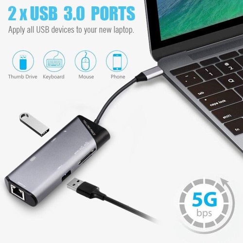 Concentrateur USB-C en aluminium avec HDMI 4K, Thunderbolt 3, USB 3, lecteur de cartes, Ethernet RJ45