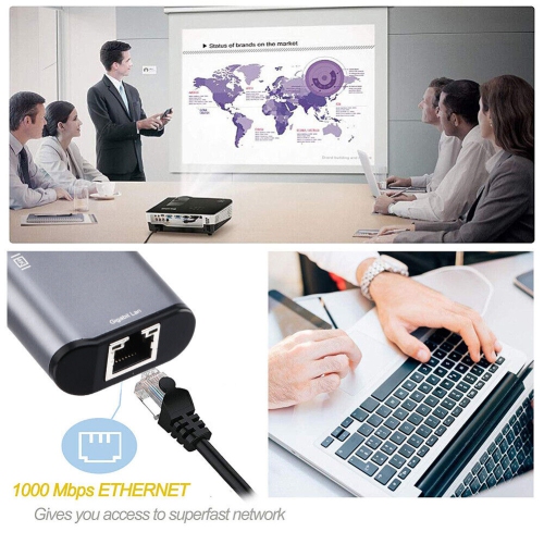 Concentrateur USB-C en aluminium avec HDMI 4K, Thunderbolt 3, USB 3, lecteur de cartes, Ethernet RJ45