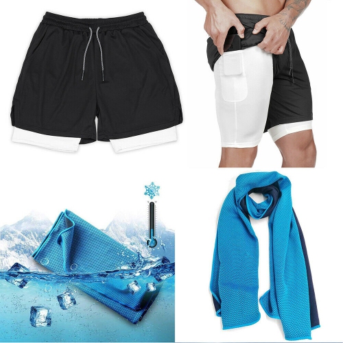 Men's 2 in 1 Running/Gym Shorts & Instant Cooling Towel for Yoga Hiking Summer