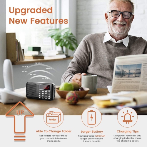 J-908 Portable Radio AM/FM Pocket Radio Battery Operated Radio with Emergency Flashlight, Auto Scan, Micro-SD &