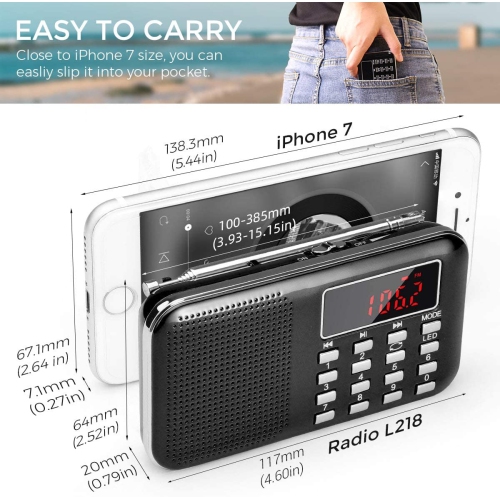 J-908 Portable Radio AM/FM Pocket Radio Battery Operated Radio with Emergency Flashlight, Auto Scan, Micro-SD &