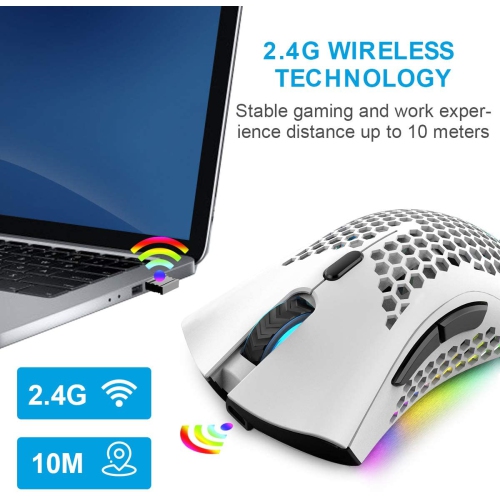 Wireless Lightweight Gaming Mouse, Ultralight Honeycomb Mice with RGB Backlit, 7 Button, Adjustable DPI, USB Receiver,