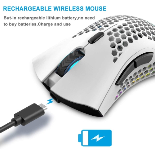 Wireless Lightweight Gaming Mouse, Ultralight Honeycomb Mice with RGB Backlit, 7 Button, Adjustable DPI, USB Receiver,
