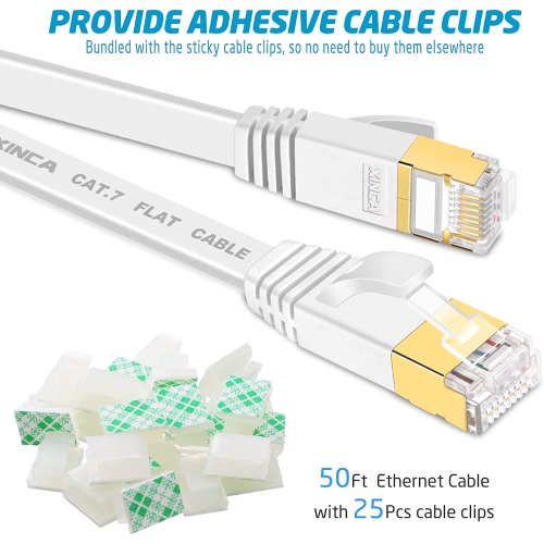 Cat 7 Flat Ethernet Cable 50ft White,High Speed 10GB Shielded LAN Internet Network Cable- Ethernet Patch