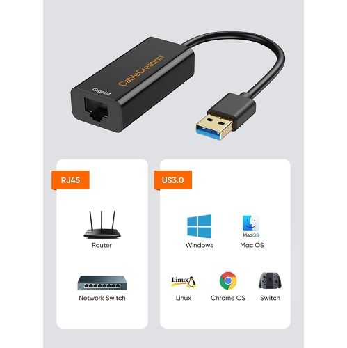 USB 3.0 Network Adapter, Gold Plated USB to RJ45 Gigabit Ethernet Adapter Supporting 10/100/1000 Mbps
