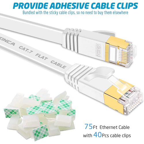 Cat 7 Flat Ethernet Cable 75ft White,High Speed 10GB Shielded LAN Internet Network Cable- Ethernet Patch