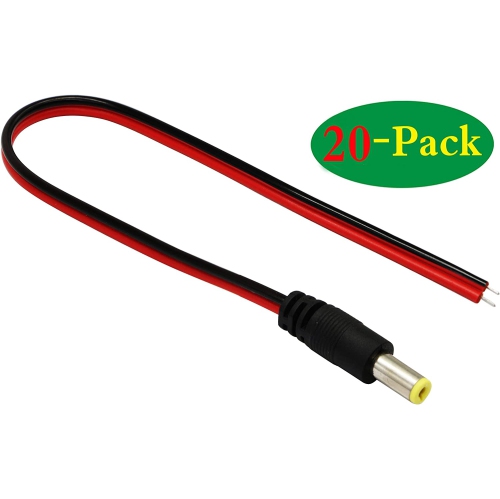 25CM DC Power Pigtail Cable, 12V 1-3A DC 5.5mm x 2.1mm Male Connectors AWG for CCTV Surveillance Security