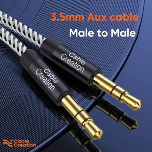 Aux Cable 1.5ft Short, 3.5mm Male to Male Stereo Aux Cord [24K Gold-Plated, Nylon Braided] Compatible