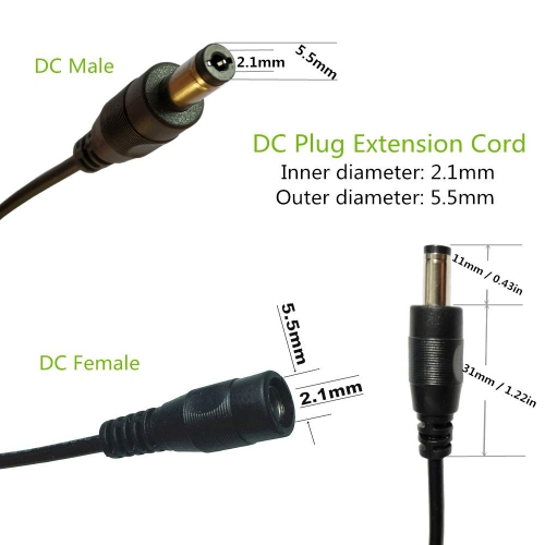 2pcs 3 Meter 2.1mm x 5.5mm DC 12V Adapter Cable DC Plug Extension Cable Male to Female Black, for LED, CCTV,
