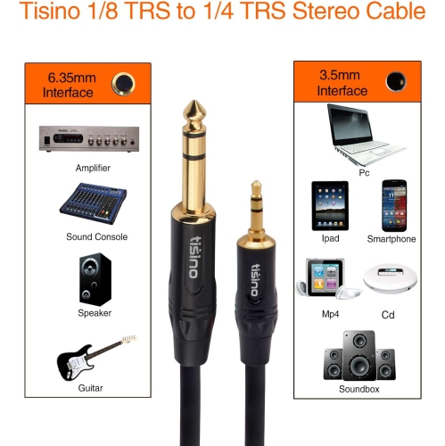 1/8 to 1/4 Stereo Cable, Heavy Duty 3.5mm Mini Jack TRS to 6.35mm Jack TRS Audio Interconnect Path Cord Lead -