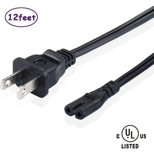 12Ft 2-Slot Power Cord 2 Prong AC Wall Cable for LED LCD TV, HP Dell Samsung Asus Acer Toshiba Laptop Charger,