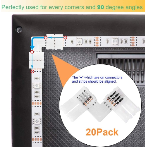 10mm 5050 RGB LED Strip Light Connectors Kits with 20X Gapless Connectors,20X L Shape 4 Pin Right Angle Corner