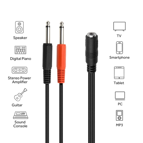 3.5mm 1/8" TRS Stereo Female to 2 Dual 1/4 Inch 6.35mm Mono TS Male Y Splitter Cable, Stereo 1/4 to 1/8