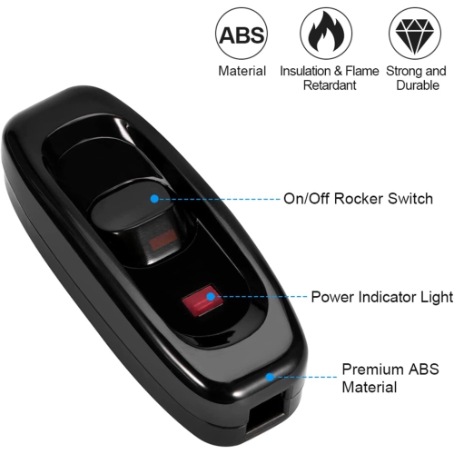 Lamp Switch, Feed-Through Switch Rocker AC 250V 10A Inline ON/Off Table Desk Lamp Cord Cable Switch with LED Indicator