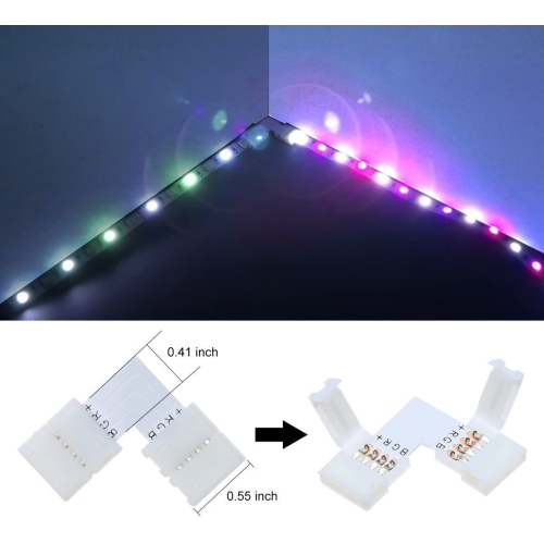 10mm 5050 RGB LED Strip Light Connectors Kits with 10PCS L Shape 4 Pin Right Angle Corner Solderless Connector