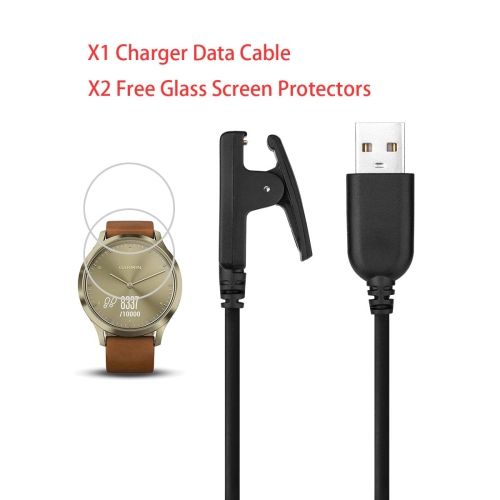 for Garmin move HR Sport Charger Charging Clip Synchronous Data Cable and 2Pcs Free HD Tempered Glass