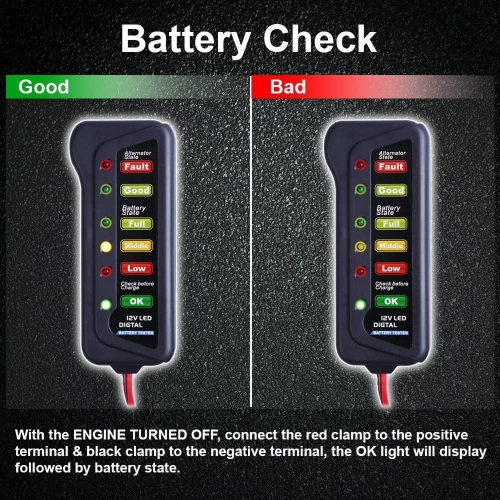 12V Digital Battery Tester Alternator for Vehicles with 6 LED Lights Indication