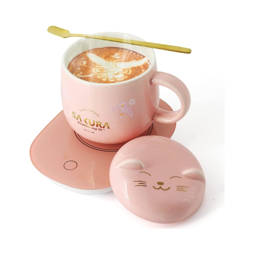 NIERBO  Coffee Warmer With Mug - Cute Coffee Cups Cat Mug Cup Warmer Mug Warmer for Desk Coffee Cup for Gift Birthday Party(Pink)