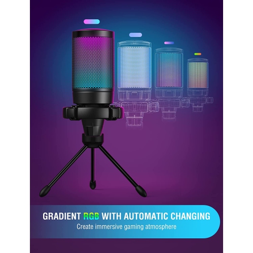 Fifine USB Gaming Microphone for PC PS5, RGB Condenser Mic with Quick Mute