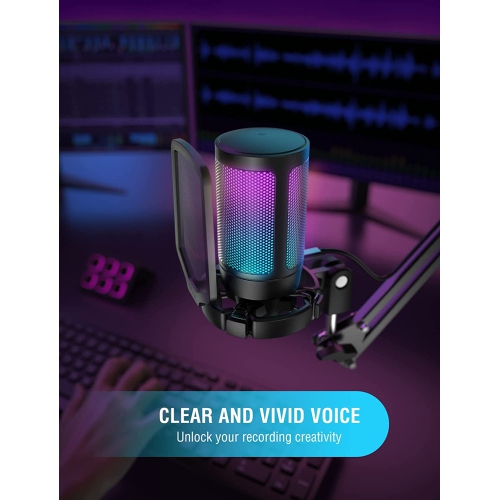Fifine USB Gaming Microphone for PC PS5, RGB Condenser Mic with Quick Mute