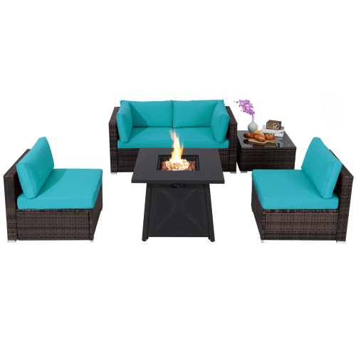 TOPBUY  6-Piece Patio Furniture Set With 30" Propane Fire Pit Table Outdoor Pe Wicker Conversation Set With Cushions And Tempered Glass Coffee Table