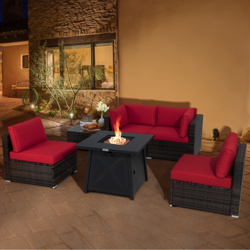 Topbuy 6-Piece Patio Furniture Set with 30" Propane Fire Pit Table Outdoor PE Wicker Conversation Set with Cushions and Tempered Glass Coffee Table