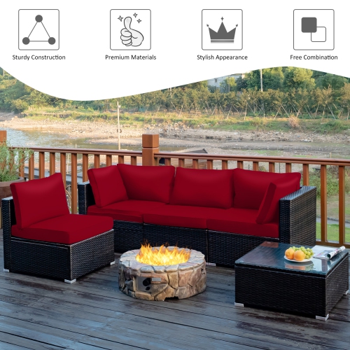 Topbuy 6-Piece Patio Furniture Set with 30" Propane Fire Pit Table Outdoor PE Wicker Conversation Set with Cushions and Tempered Glass Coffee Table