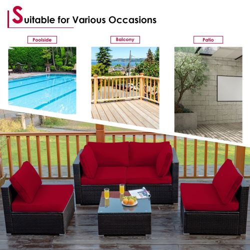 Topbuy 6-Piece Patio Furniture Set with 30" Propane Fire Pit Table Outdoor PE Wicker Conversation Set with Cushions and Tempered Glass Coffee Table